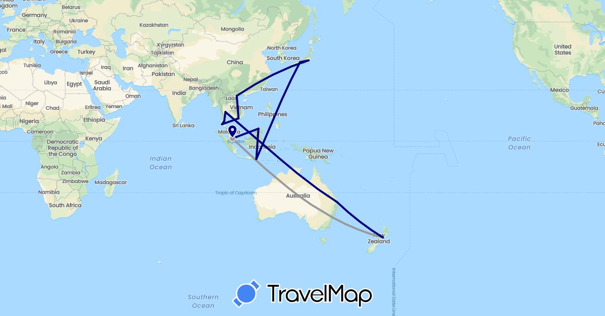 TravelMap itinerary: driving, plane in Australia, Indonesia, Japan, Malaysia, New Zealand, Singapore, Thailand, Vietnam (Asia, Oceania)