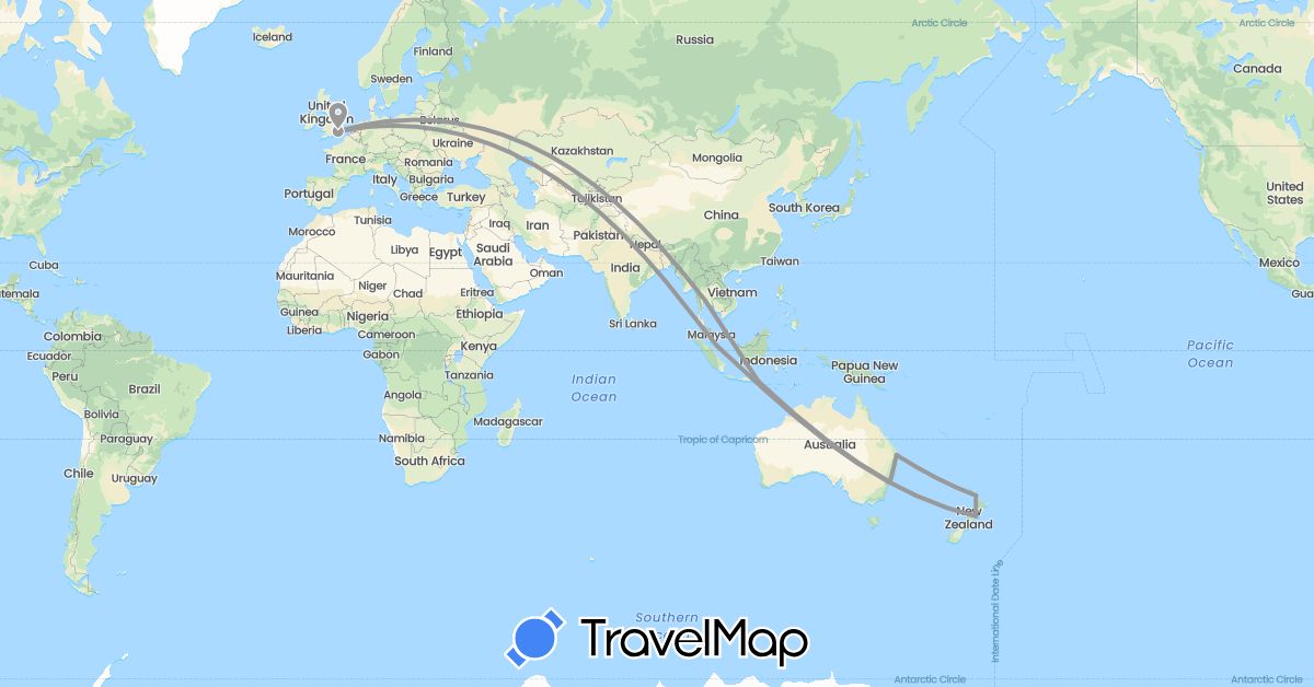 TravelMap itinerary: driving, plane in Australia, United Kingdom, Indonesia, New Zealand, Singapore, Thailand (Asia, Europe, Oceania)
